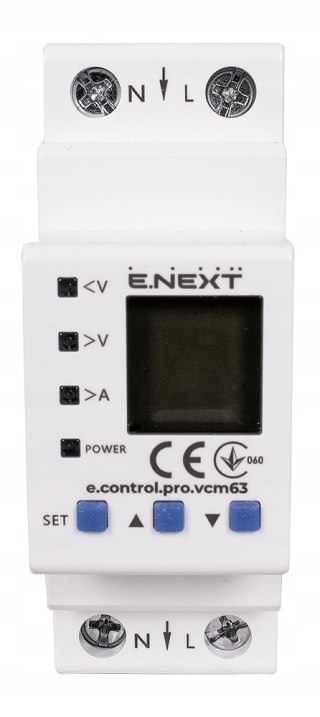 E.NEXT e.control.pro.vcm63 - Przekaźnik kontroli napięcia i prądu jednofazowy 63A z wyświetlaczem vcm63