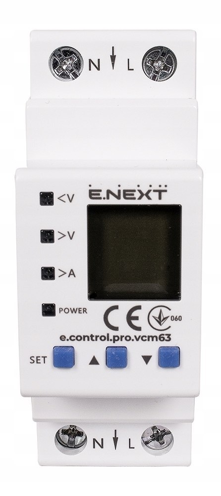 E.NEXT e.control.pro.vcm63 - Przekaźnik kontroli napięcia i prądu jednofazowy 63A z wyświetlaczem vcm63
