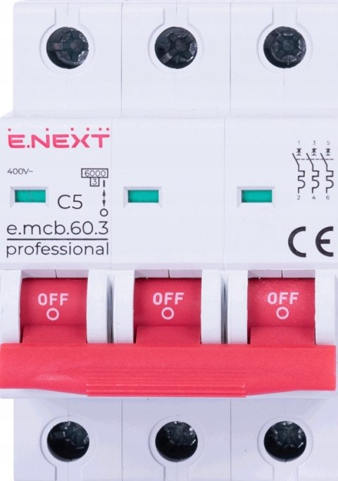 E.NEXT e.mcb.pro.60.3.C.5 - Wyłącznik nadprądowy PRO. C5 5A 3P wejście na szynę widełkową