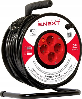 E.NEXT e.es.roll.4.25.z.b - Przedłużacz bębnowy 25m 3x1,5mm2 4 gniazda z uziemieniem schuko