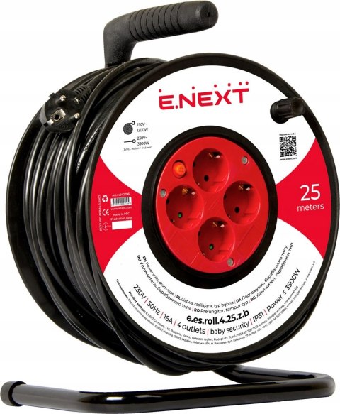 E.NEXT e.es.roll.4.25.z.b - Przedłużacz bębnowy 25m 3x1,5mm2 4 gniazda z uziemieniem schuko