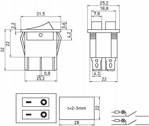 Włącznik kołyskowy 2x ON/OFF 6 pin z sygnalizacją