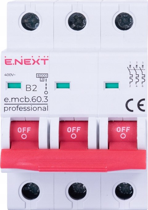 E.NEXT e.mcb.pro.60.3.B.2 - Wyłącznik nadprądowy PRO. B2 2A 3P wejście na szynę widełkową