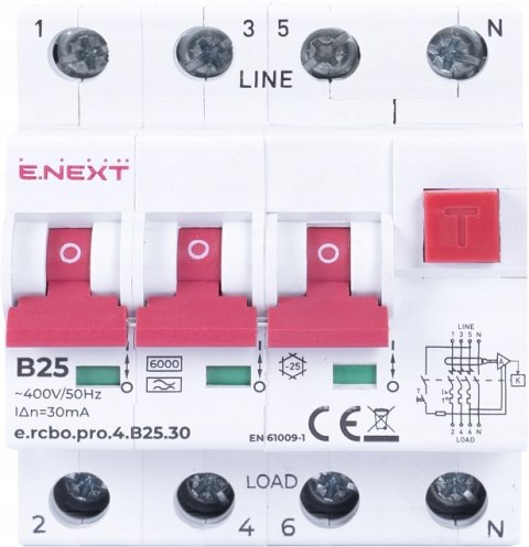 E.NEXT e.rcbo.pro.4.B25.30 - Wyłącznik różnicowoprądowy z członem nadprądowym RCBO 4P B25 30mA