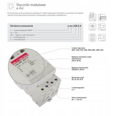 Stycznik modułowy 2P 25A 2NO 220V